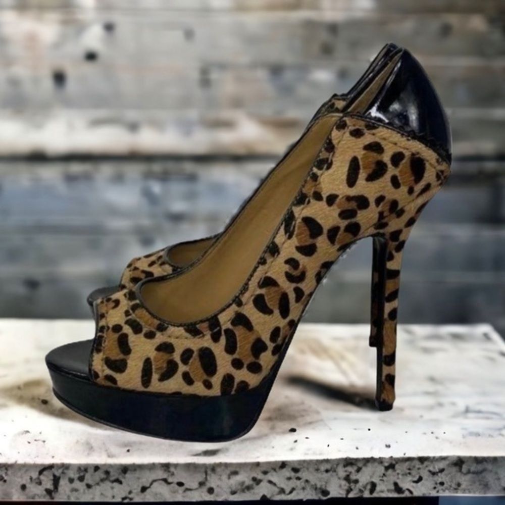 Rachel Rachel Roy Kayman Leopard Calf Hair Stiletto Peep Toe Heels Size 6.5